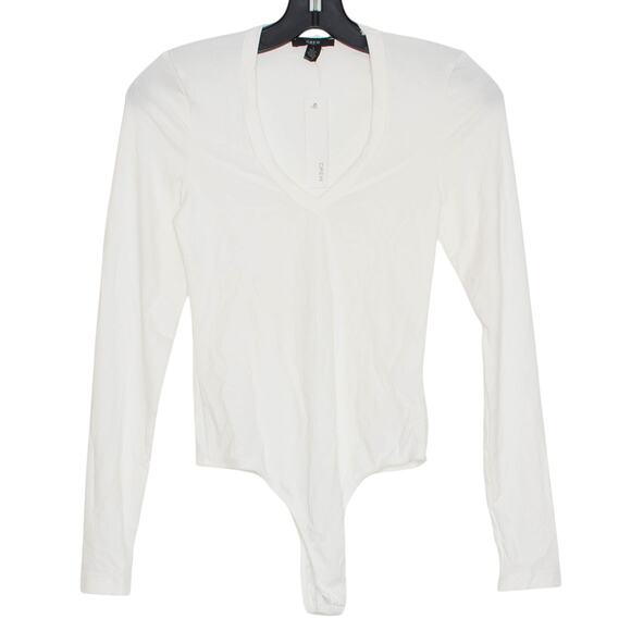 NWT Drew Bodysuit Ribbed V Neck Long Sleeve Minimalist Classic Off White Small - Picture 1 of 5